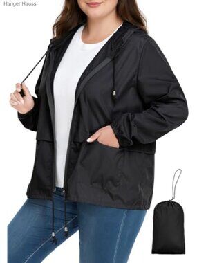 Women's Plus Size Lightweight Packable Hooded Rain Jacket Windbreaker